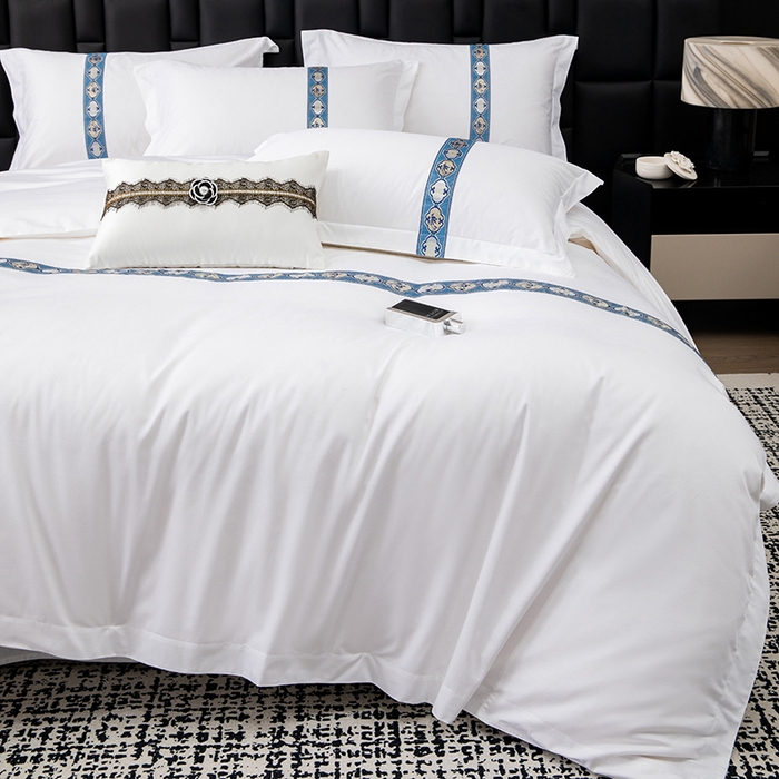 91家纺网 家纺一手货源 找家纺 锦兴酒店布草 2025新款高支高密民宿酒店织带款四件套 暖心