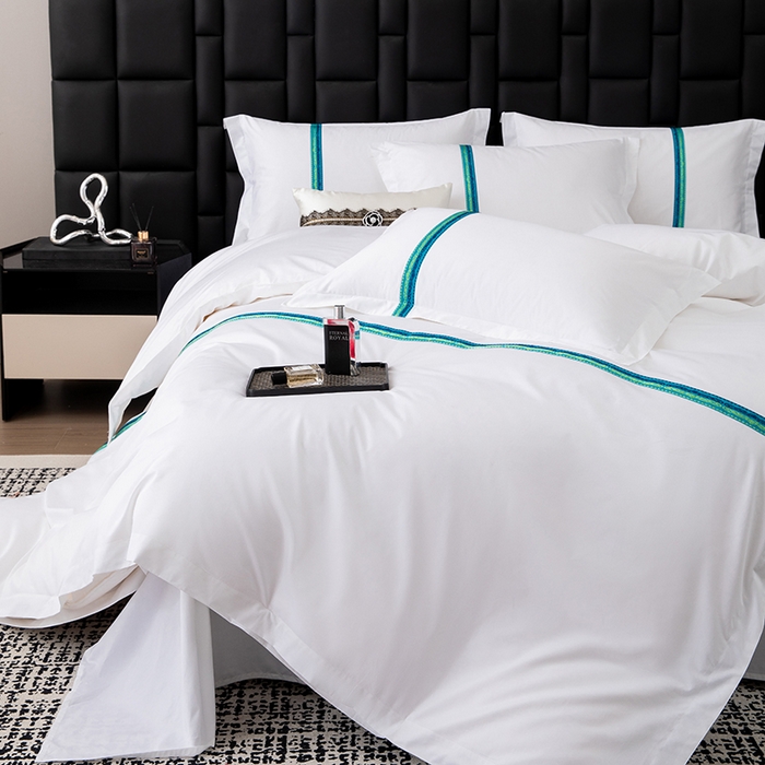 91家纺网 家纺一手货源 找家纺 锦兴酒店布草 2025新款高支高密民宿酒店织带款四件套 青蓝