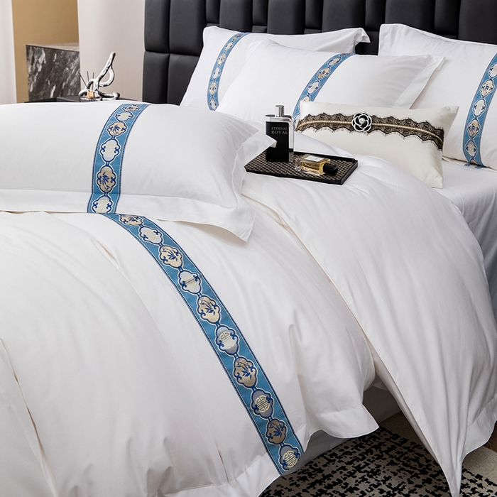 91家纺网 家纺一手货源 找家纺 锦兴酒店布草 2025新款高支高密民宿酒店织带款四件套 暖心