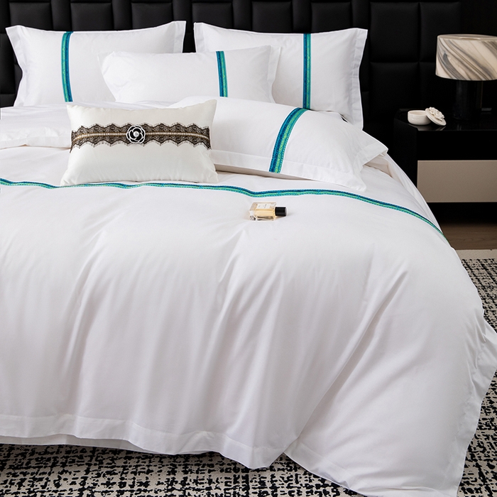 91家纺网 家纺一手货源 找家纺 锦兴酒店布草 2025新款高支高密民宿酒店织带款四件套 青蓝