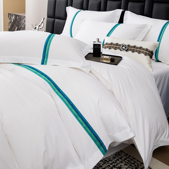 91家纺网 家纺一手货源 找家纺 锦兴酒店布草 2025新款高支高密民宿酒店织带款四件套 青蓝