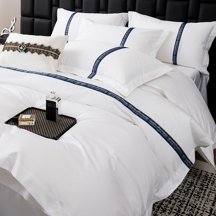 91家纺网 家纺一手货源 找家纺 锦兴酒店布草 2025新款高支高密民宿酒店织带款四件套 墨蓝