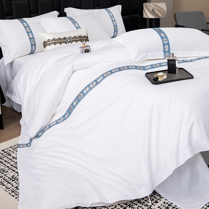 91家纺网 家纺一手货源 找家纺 锦兴酒店布草 2025新款高支高密民宿酒店织带款四件套 暖心