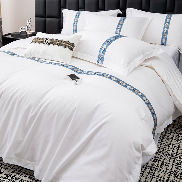 91家纺网 家纺一手货源 找家纺 锦兴酒店布草 2025新款高支高密民宿酒店织带款四件套 暖心