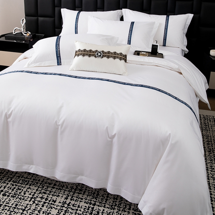 91家纺网 家纺一手货源 找家纺 锦兴酒店布草 2025新款高支高密民宿酒店织带款四件套 墨蓝