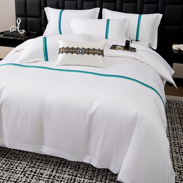 91家纺网 家纺一手货源 找家纺 锦兴酒店布草 2025新款高支高密民宿酒店织带款四件套 青蓝