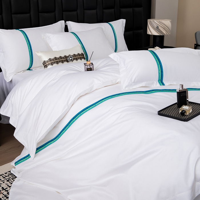 91家纺网 家纺一手货源 找家纺 锦兴酒店布草 2025新款高支高密民宿酒店织带款四件套 青蓝