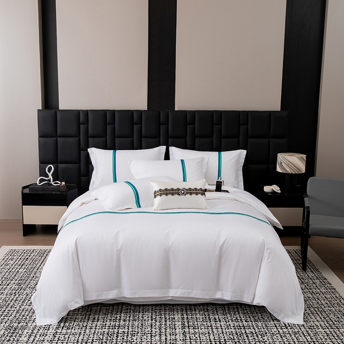 91家纺网 家纺一手货源 找家纺 锦兴酒店布草 2025新款高支高密民宿酒店织带款四件套 青蓝