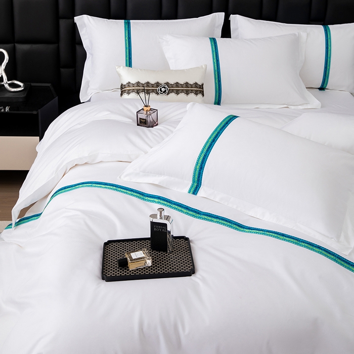 91家纺网 家纺一手货源 找家纺 锦兴酒店布草 2025新款高支高密民宿酒店织带款四件套 青蓝