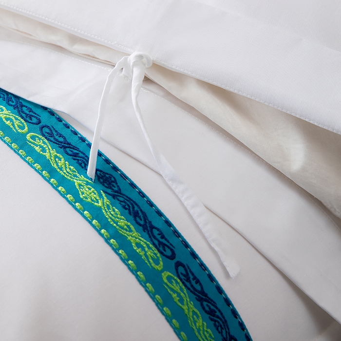 91家纺网 家纺一手货源 找家纺 锦兴酒店布草 2025新款高支高密民宿酒店织带款四件套 青蓝