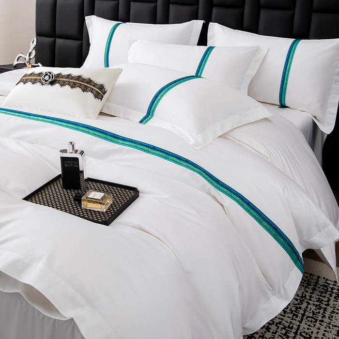 91家纺网 家纺一手货源 找家纺 锦兴酒店布草 2025新款高支高密民宿酒店织带款四件套 青蓝