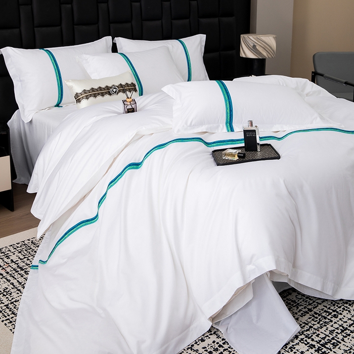 91家纺网 家纺一手货源 找家纺 锦兴酒店布草 2025新款高支高密民宿酒店织带款四件套 青蓝