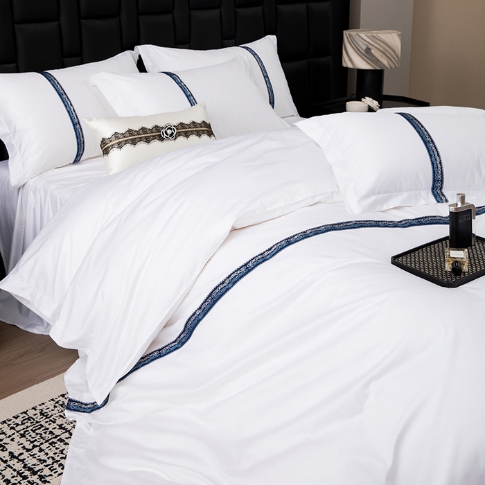 91家纺网 家纺一手货源 找家纺 锦兴酒店布草 2025新款高支高密民宿酒店织带款四件套 墨蓝