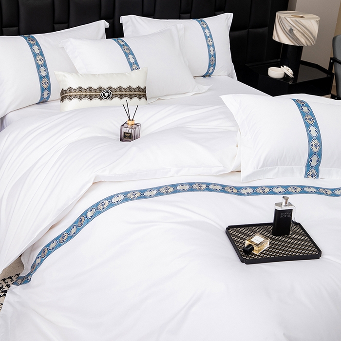 91家纺网 家纺一手货源 找家纺 锦兴酒店布草 2025新款高支高密民宿酒店织带款四件套 暖心