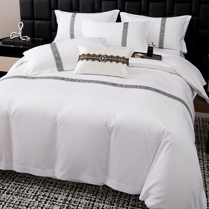 91家纺网 家纺一手货源 找家纺 锦兴酒店布草 2025新款高支高密民宿酒店织带款四件套 花川