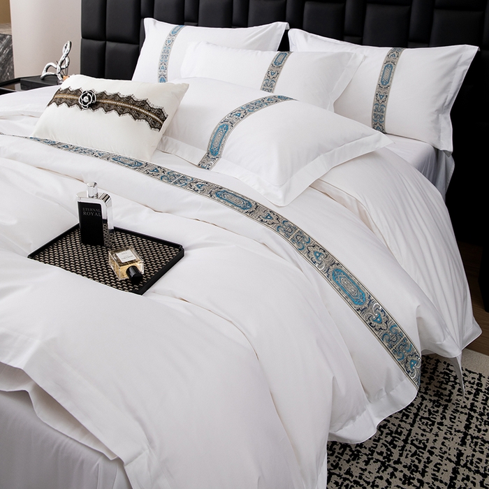 91家纺网 家纺一手货源 找家纺 锦兴酒店布草 2025新款高支高密民宿酒店织带款四件套 花川