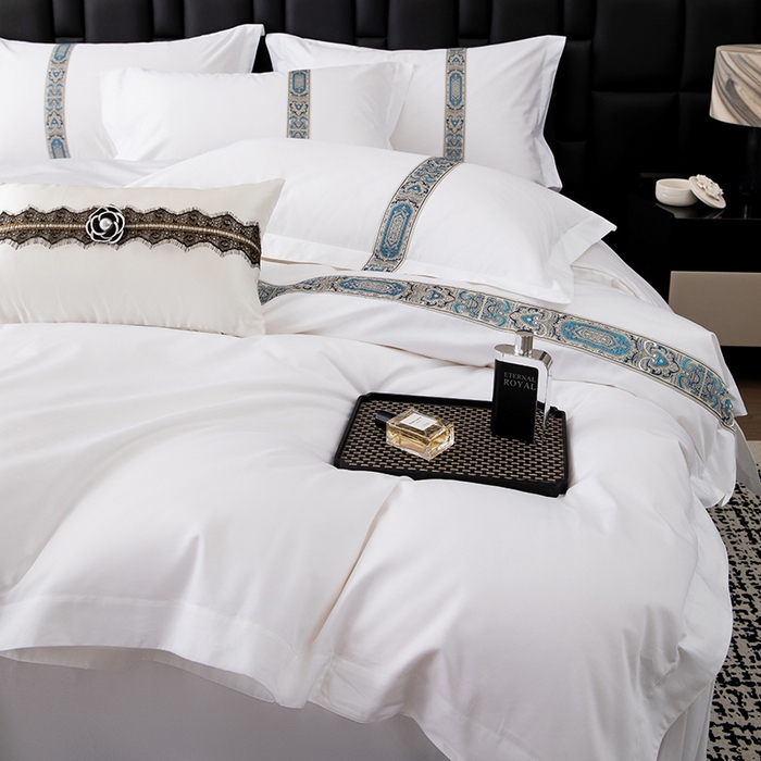 91家纺网 家纺一手货源 找家纺 锦兴酒店布草 2025新款高支高密民宿酒店织带款四件套 花川