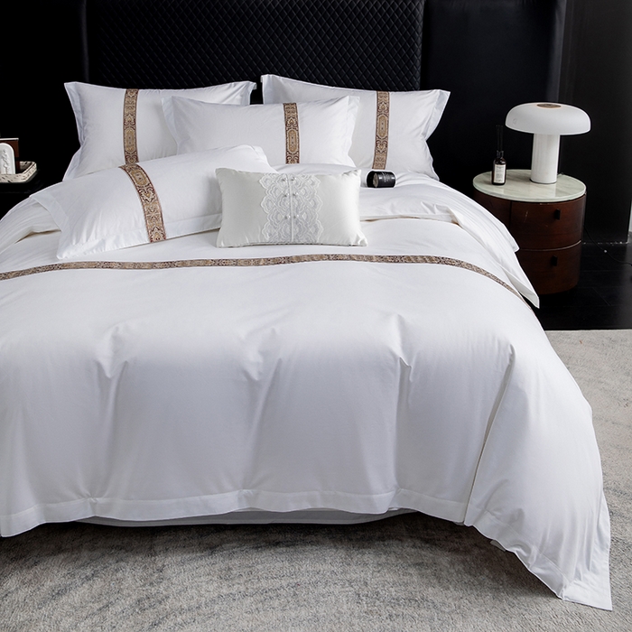 91家纺网 家纺一手货源 找家纺 锦兴酒店布草 2025新款高支高密民宿酒店织带款四件套 花儿黄