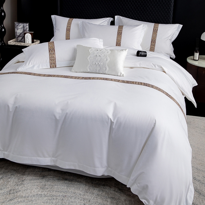 91家纺网 家纺一手货源 找家纺 锦兴酒店布草 2025新款高支高密民宿酒店织带款四件套 花儿黄