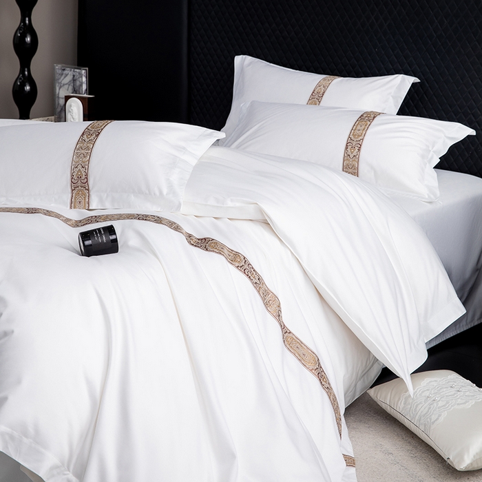 91家纺网 家纺一手货源 找家纺 锦兴酒店布草 2025新款高支高密民宿酒店织带款四件套 花儿黄