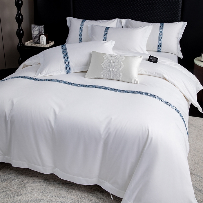 91家纺网 家纺一手货源 找家纺 锦兴酒店布草 2025新款高支高密民宿酒店织带款四件套 兴隆