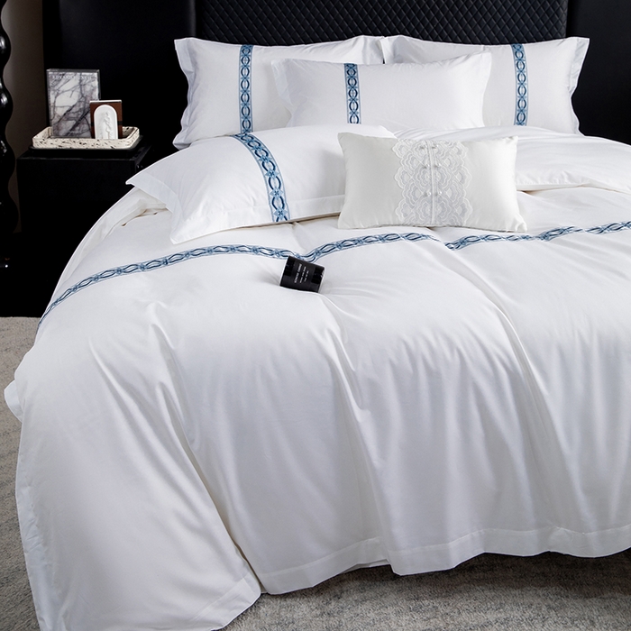 91家纺网 家纺一手货源 找家纺 锦兴酒店布草 2025新款高支高密民宿酒店织带款四件套 兴隆