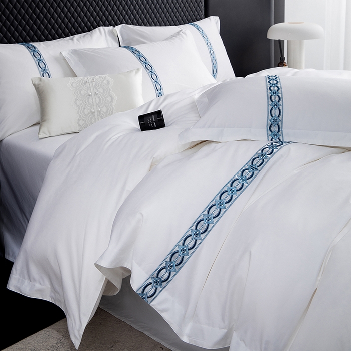 91家纺网 家纺一手货源 找家纺 锦兴酒店布草 2025新款高支高密民宿酒店织带款四件套 兴隆