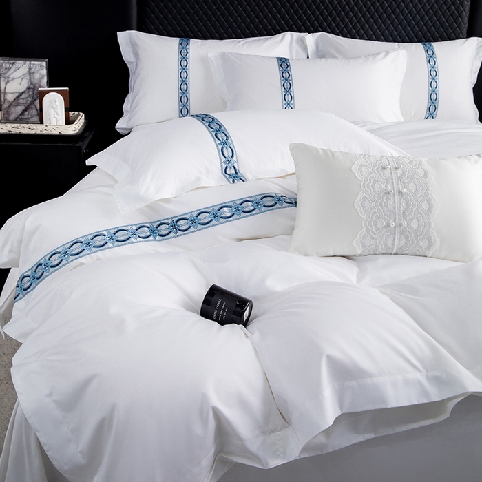 91家纺网 家纺一手货源 找家纺 锦兴酒店布草 2025新款高支高密民宿酒店织带款四件套 兴隆