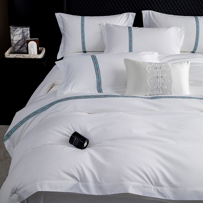 91家纺网 家纺一手货源 找家纺 锦兴酒店布草 2025新款高支高密民宿酒店织带款四件套 青春