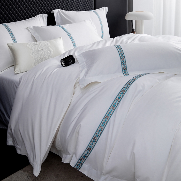 91家纺网 家纺一手货源 找家纺 锦兴酒店布草 2025新款高支高密民宿酒店织带款四件套 青春