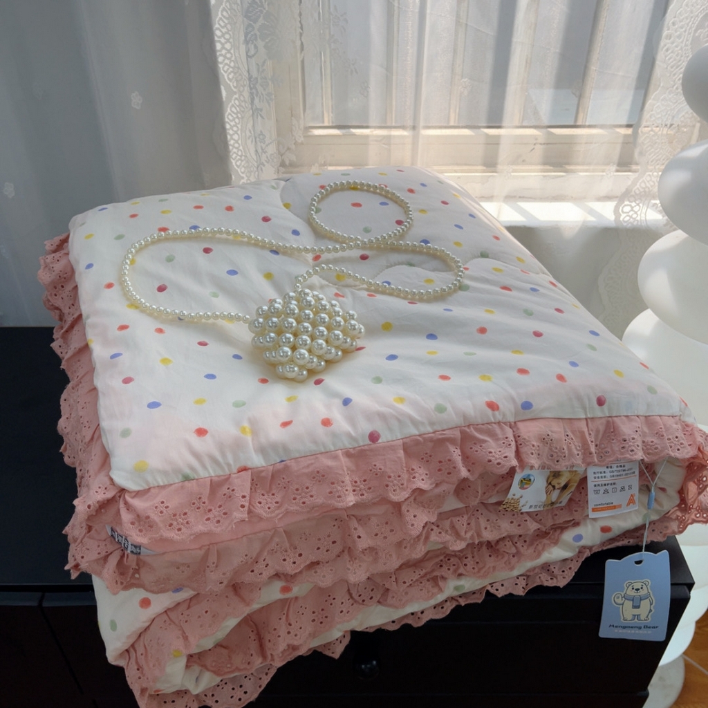 暖居 2025新款纯棉花边款春秋豆豆被四季通用 彩色波点