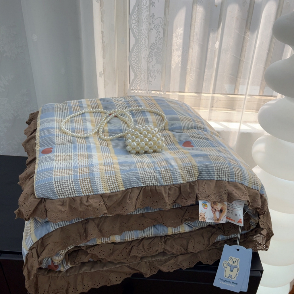 暖居 2025新款纯棉花边款春秋豆豆被四季通用 莱恩蓝