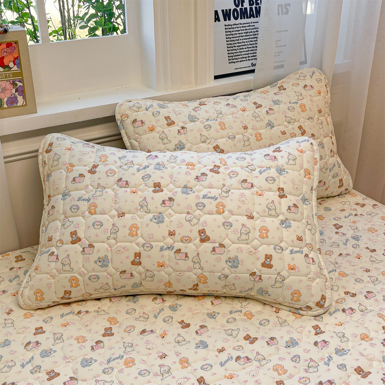 91家纺网 家纺一手货源 找家纺 布卢姆床垫 2025新款A类皱皱纱印花夹棉床笠 泡芙小狗