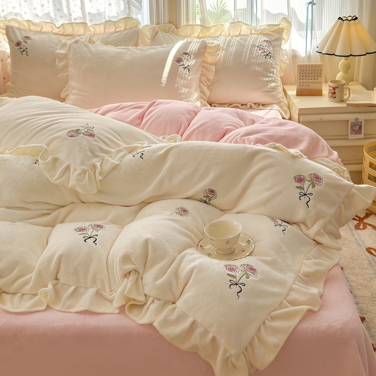 91家纺网 家纺一手货源 找家纺 娜娜 2025新款法式花边刺绣牛奶绒四件套 云间玫瑰白+粉