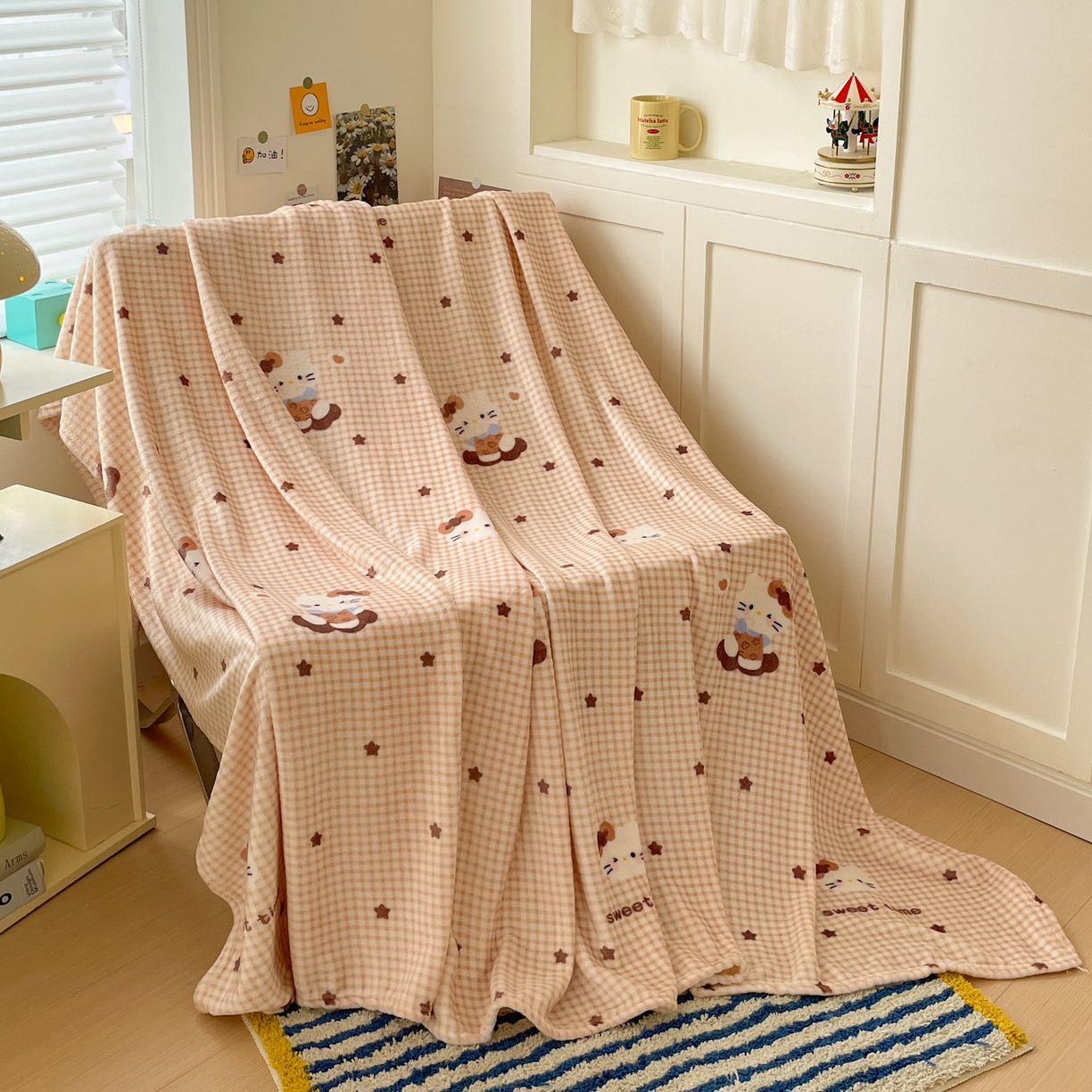 91家纺网 家纺一手货源 找家纺 Mata蔓塔家 2025新款四季款双面印花牛奶绒午休毯毛毯毯子空调毯 咖星小猫