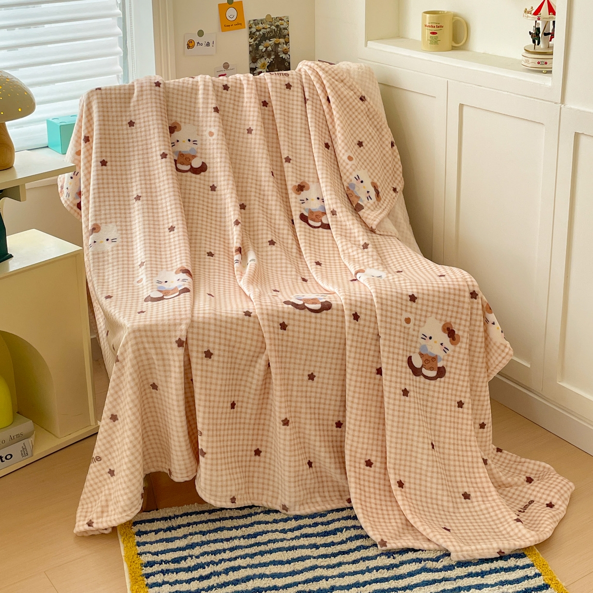 91家纺网 家纺一手货源 找家纺 Mata蔓塔家 2025新款四季款双面印花牛奶绒午休毯毛毯毯子空调毯 咖星小猫