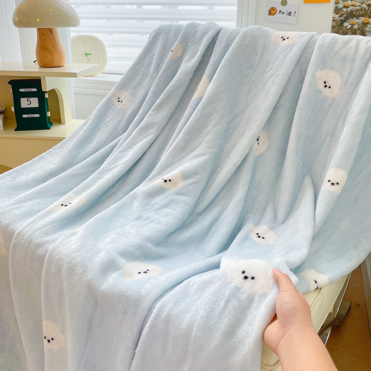 91家纺网 家纺一手货源 找家纺 Mata蔓塔家 2025新款四季款双面印花牛奶绒午休毯毛毯毯子空调毯 可爱狗头-蓝