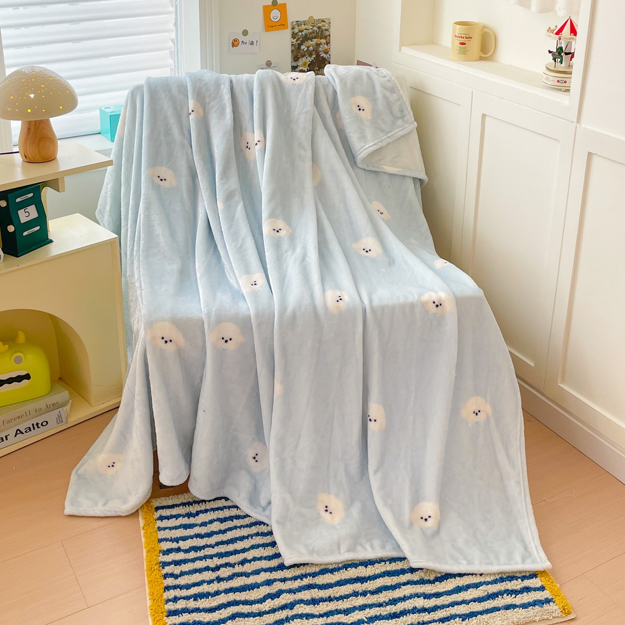 91家纺网 家纺一手货源 找家纺 Mata蔓塔家 2025新款四季款双面印花牛奶绒午休毯毛毯毯子空调毯 可爱狗头-蓝