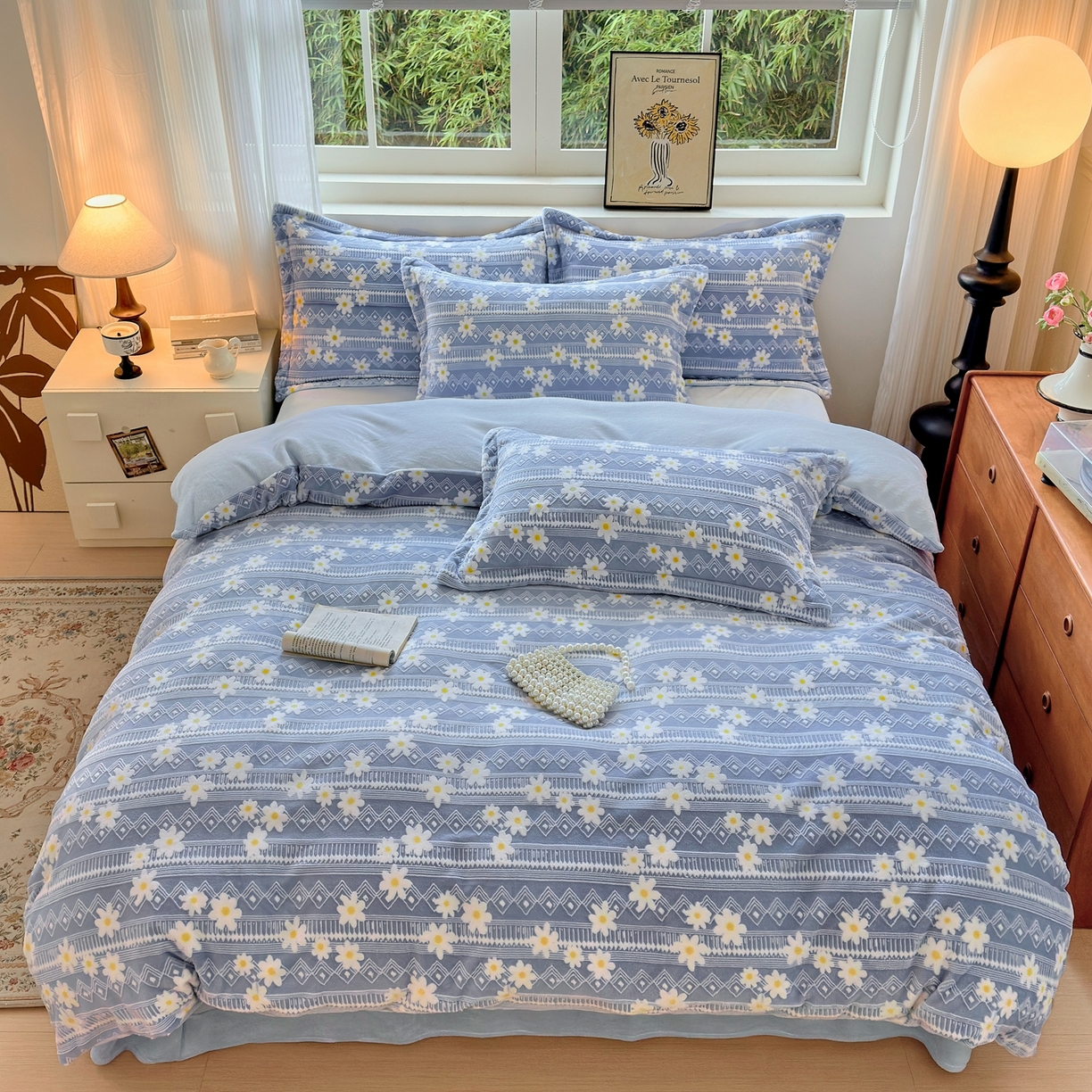 91家纺网 家纺一手货源 找家纺 娜娜 2025新款高克重牛奶绒百花齐放系列单品被套 百花齐放-天空蓝