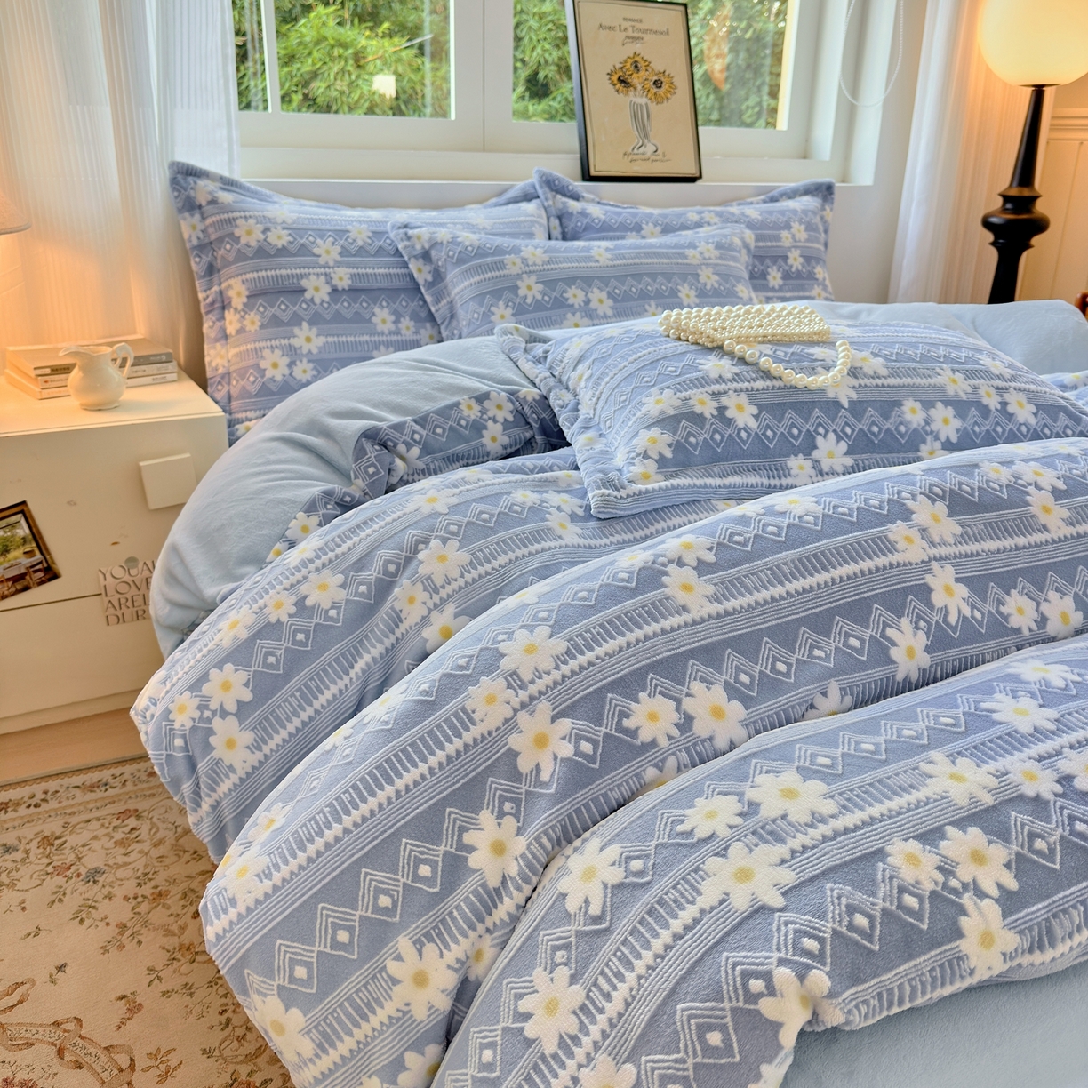 91家纺网 家纺一手货源 找家纺 娜娜 2025新款高克重牛奶绒百花齐放系列单品被套 百花齐放-天空蓝