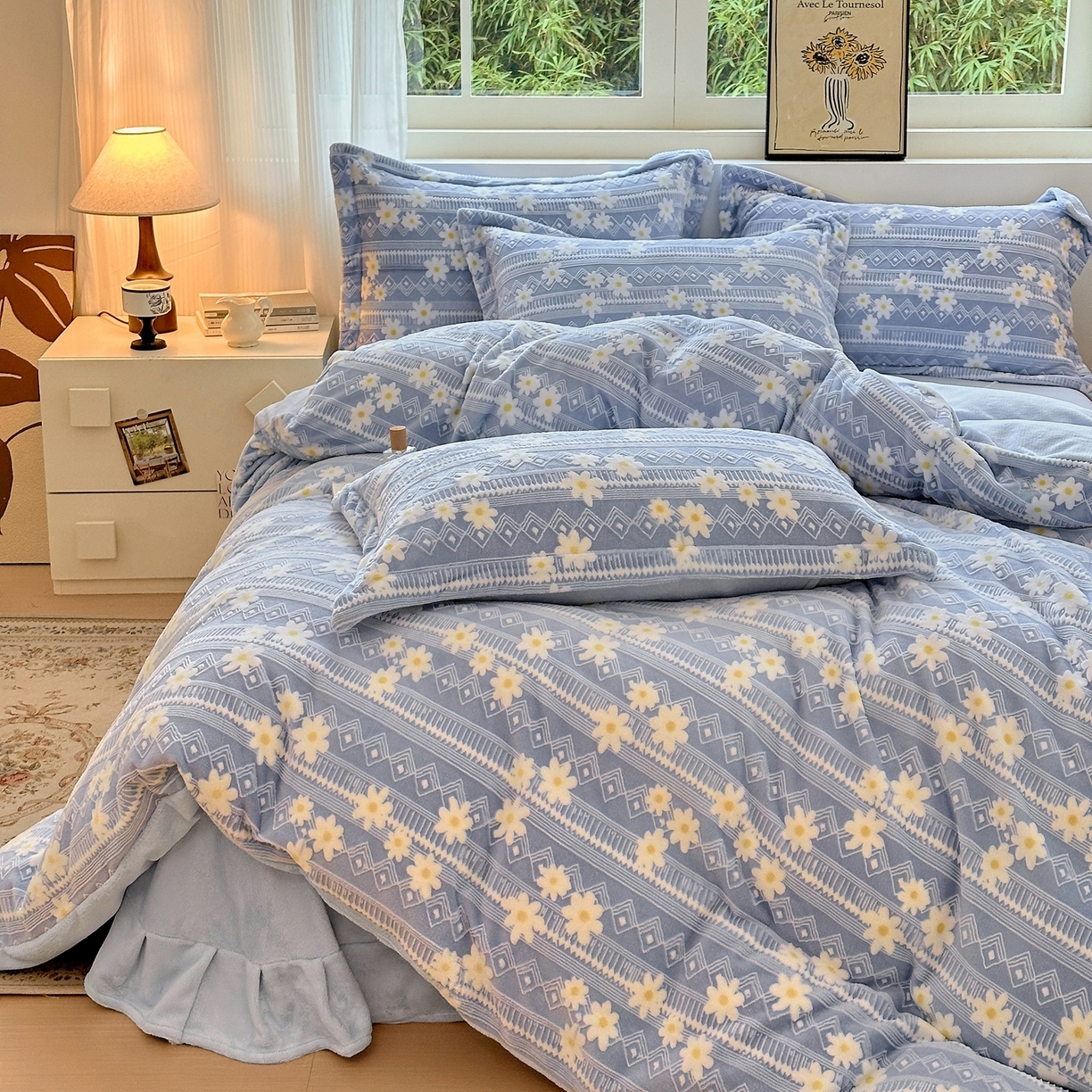 91家纺网 家纺一手货源 找家纺 娜娜 2025新款高克重牛奶绒百花齐放系列单品被套 百花齐放-天空蓝