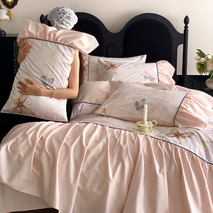 91家纺网 家纺一手货源 找家纺 （总）云栖家居 2025新款纯棉全棉法式高支数码印花长绒棉四件套-墨蝶