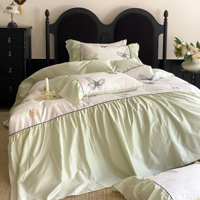 91家纺网 家纺一手货源 找家纺 （总）云栖家居 2025新款纯棉全棉法式高支数码印花长绒棉四件套-墨蝶