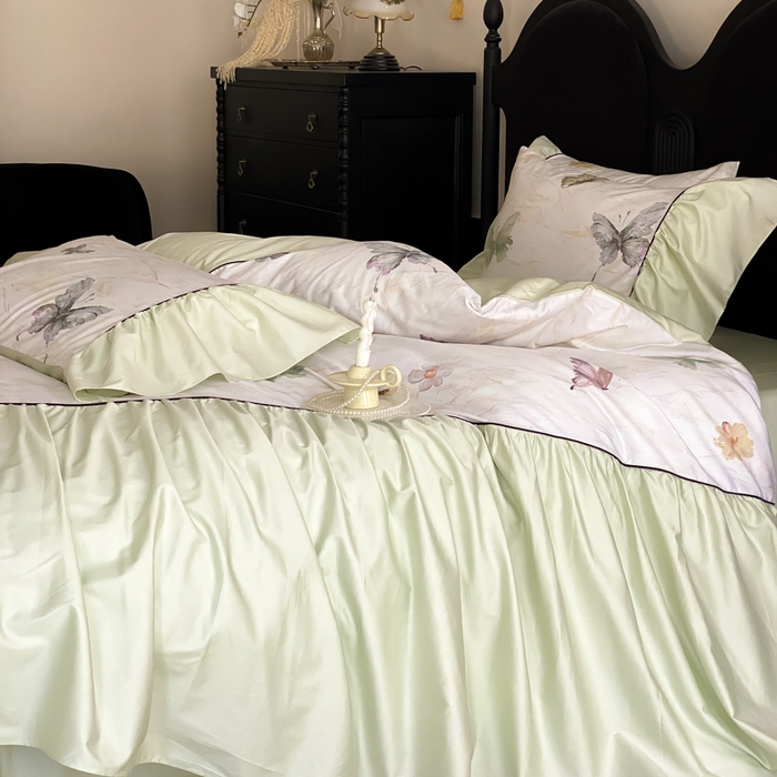 91家纺网 家纺一手货源 找家纺 云栖家居 2025新款纯棉全棉法式高支数码印花长绒棉四件套-墨蝶 墨蝶-绿