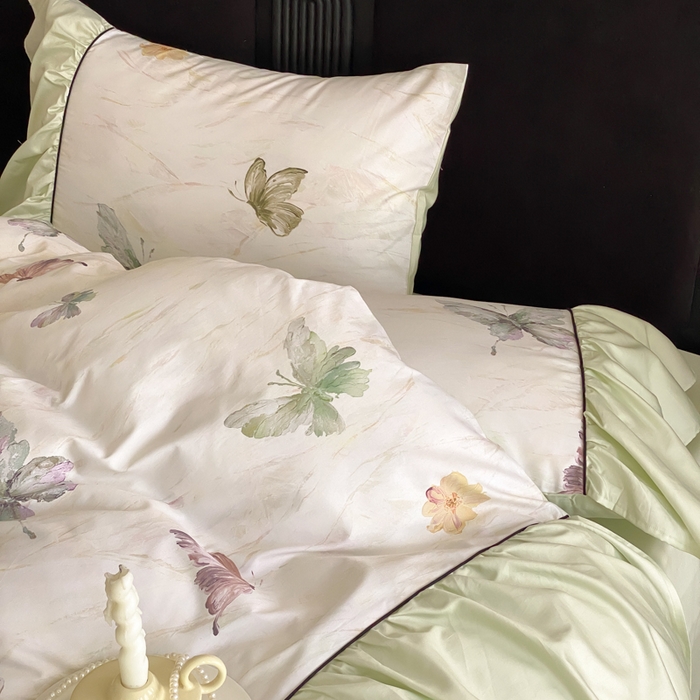 91家纺网 家纺一手货源 找家纺 云栖家居 2025新款纯棉全棉法式高支数码印花长绒棉四件套-墨蝶 墨蝶-绿