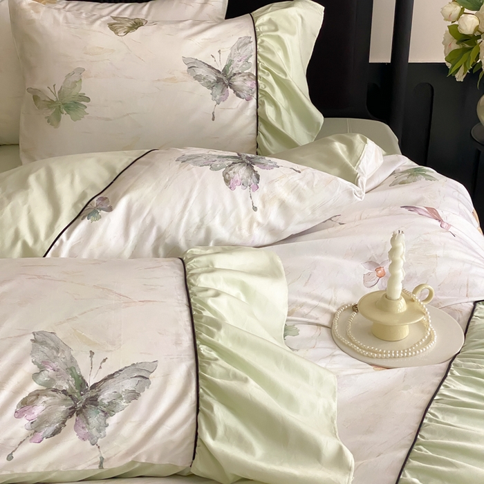 91家纺网 家纺一手货源 找家纺 云栖家居 2025新款纯棉全棉法式高支数码印花长绒棉四件套-墨蝶 墨蝶-绿