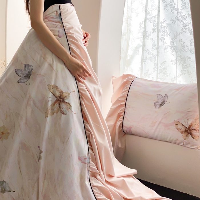 91家纺网 家纺一手货源 找家纺 （总）云栖家居 2025新款纯棉全棉法式高支数码印花长绒棉四件套-墨蝶