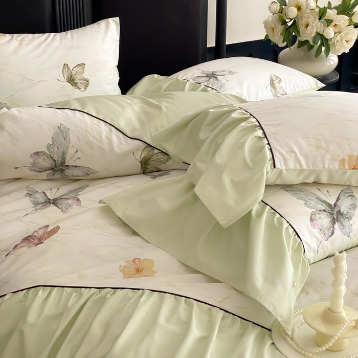 91家纺网 家纺一手货源 找家纺 云栖家居 2025新款纯棉全棉法式高支数码印花长绒棉四件套-墨蝶 墨蝶-绿