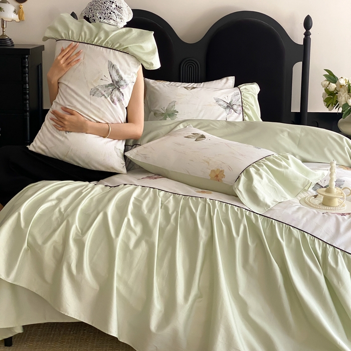 91家纺网 家纺一手货源 找家纺 云栖家居 2025新款纯棉全棉法式高支数码印花长绒棉四件套-墨蝶 墨蝶-绿