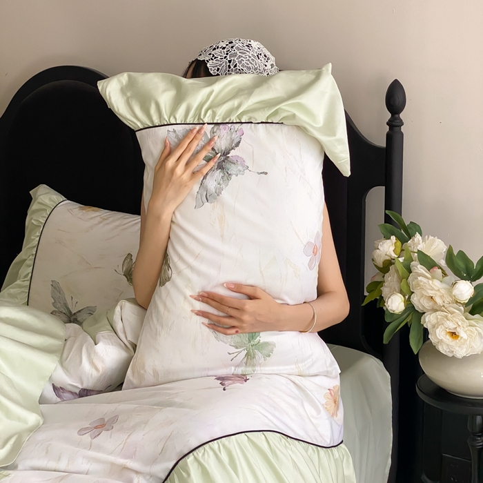 91家纺网 家纺一手货源 找家纺 云栖家居 2025新款纯棉全棉法式高支数码印花长绒棉四件套-墨蝶 墨蝶-绿